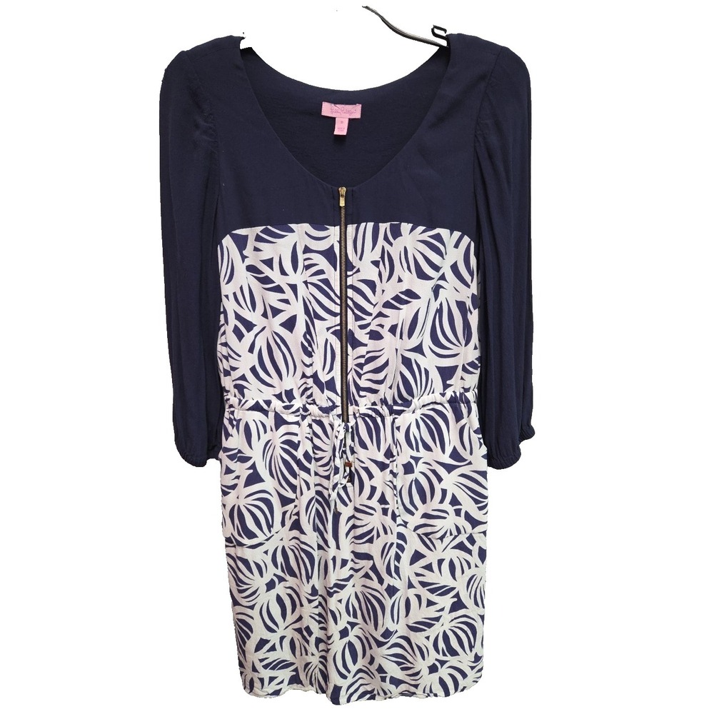 Lilly Pulitzer Blue White Sessile Rayon Elastic Waist Zip Shift Dress Sz 10